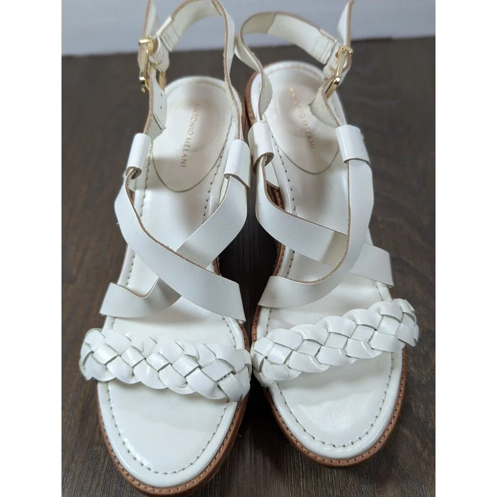 Antonio Melani Strappy Braided Raffia Wedges Sandals Women's 6 White Leather